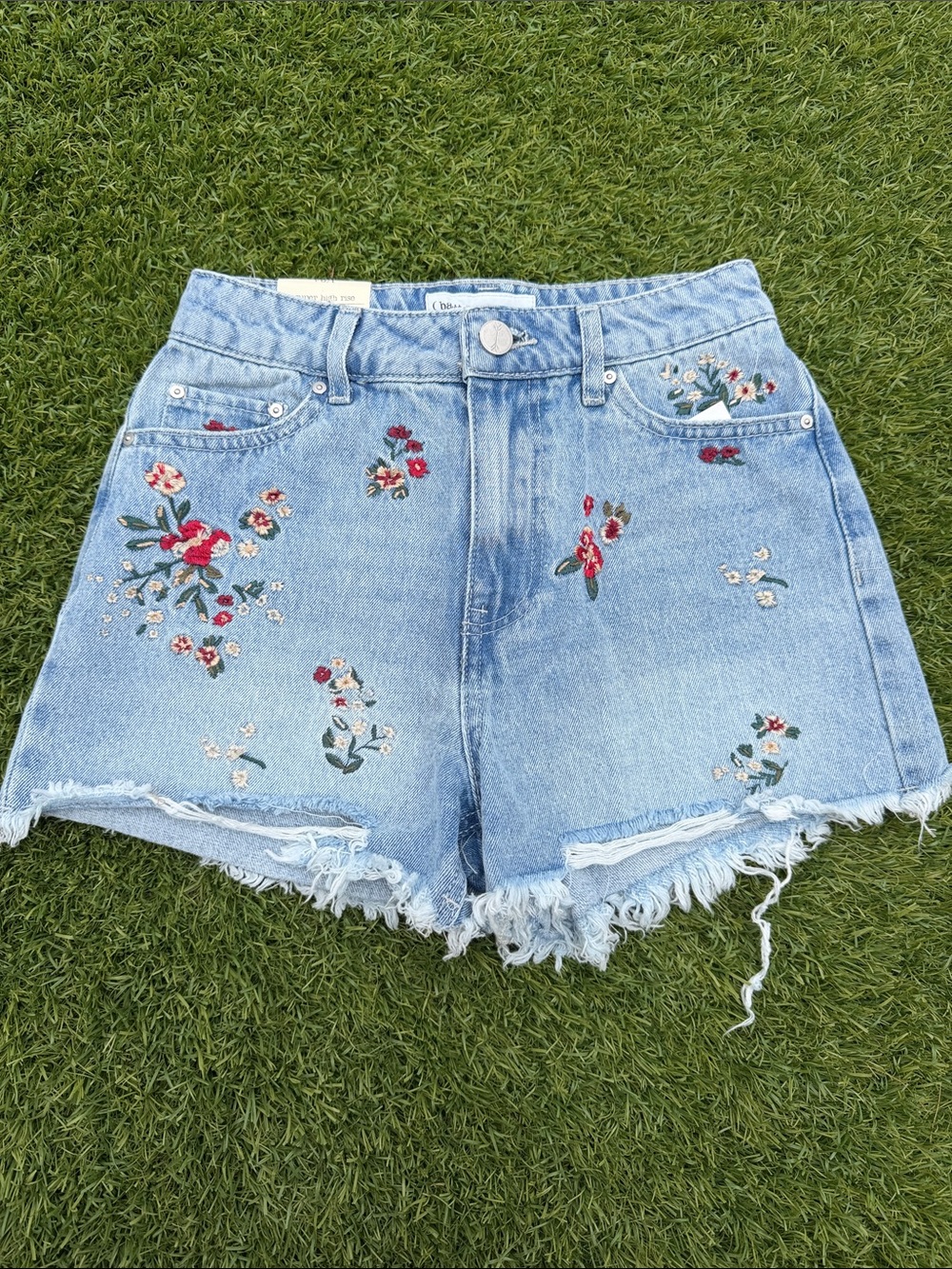 Embroidered Light Wash Denim Shorts with Floral Detail